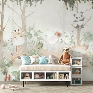 Kids Wallpaper | Kids Safari Jungle Animals and Tropical Trees Wall Mural | Safari Wallpaper