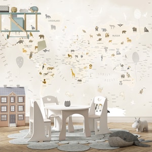Carta da parati murale con animali safari educativi per la camera dei bambini, mappa del mondo, sfondo beige