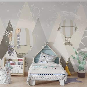 Kids Wallpaper Mountains | Kids Animals with Hot Air Balloon Wall Mural