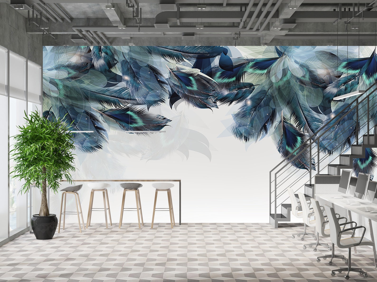 Blue Turquoise Feathers Mural Wallpaper - Etsy