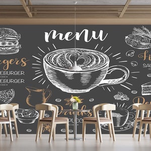 Mural de papel de parede personalizado com xícara e letras de restaurante de café