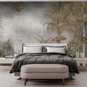 Carta da parati murale tropicale / Palme / Design speciale / Colore oro / Personalizzabile / Rimovibile / Carta tessile in un unico pezzo