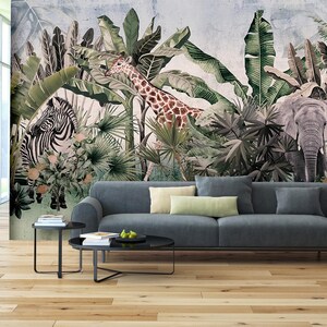 Tropische Blätter Giraffe Elefant Zebra Tapete Wand wandbild abnehmbares Textilpapier