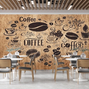 Carta da parati murale per caffè, ristorante, scritte a forma di cuore, dal design speciale, su pavimento in legno