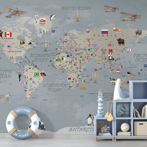 Carta da parati murale con mappa del mondo educativo per la cameretta dei bambini, simpatici animali e bandiere