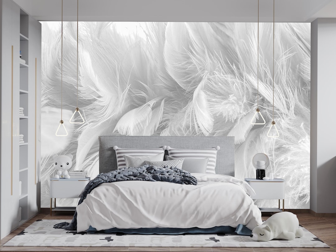 White Gray Color Feathers Mural Wallpaper - Etsy