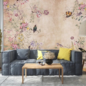 Chinoiserie Wallpaper, Home Decor Wallpaper Wall Mural, Vintage Background Birds Trees Floral Wallpaper, Removable Wall Mural