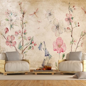 Elegante Textilpapier Tapete - Bunte Vintage Blumen