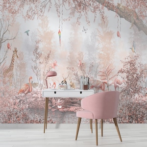 Tropisch muurschilderingbehang | Bladeren Bloemen | Roze flamingo | Safaridieren | Speciaal ontwerp | Zacht | Aanpasbaar | Afneembaar | Een stuk