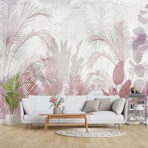 Carta da parati murale tropicale I Foglie e fiori rosa su sfondo in cemento I Design speciale personalizzabile I Rimovibile I Un pezzo