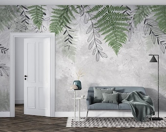 Leaves on Gray Concrete Background | Wall Mural Wallpaper | Customizable | Removable | One Piece Textile Paper