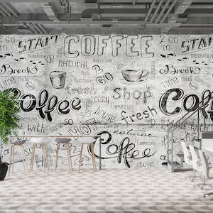 Papel de parede mural de design especial com letras de café de restaurante em piso de concreto cinza