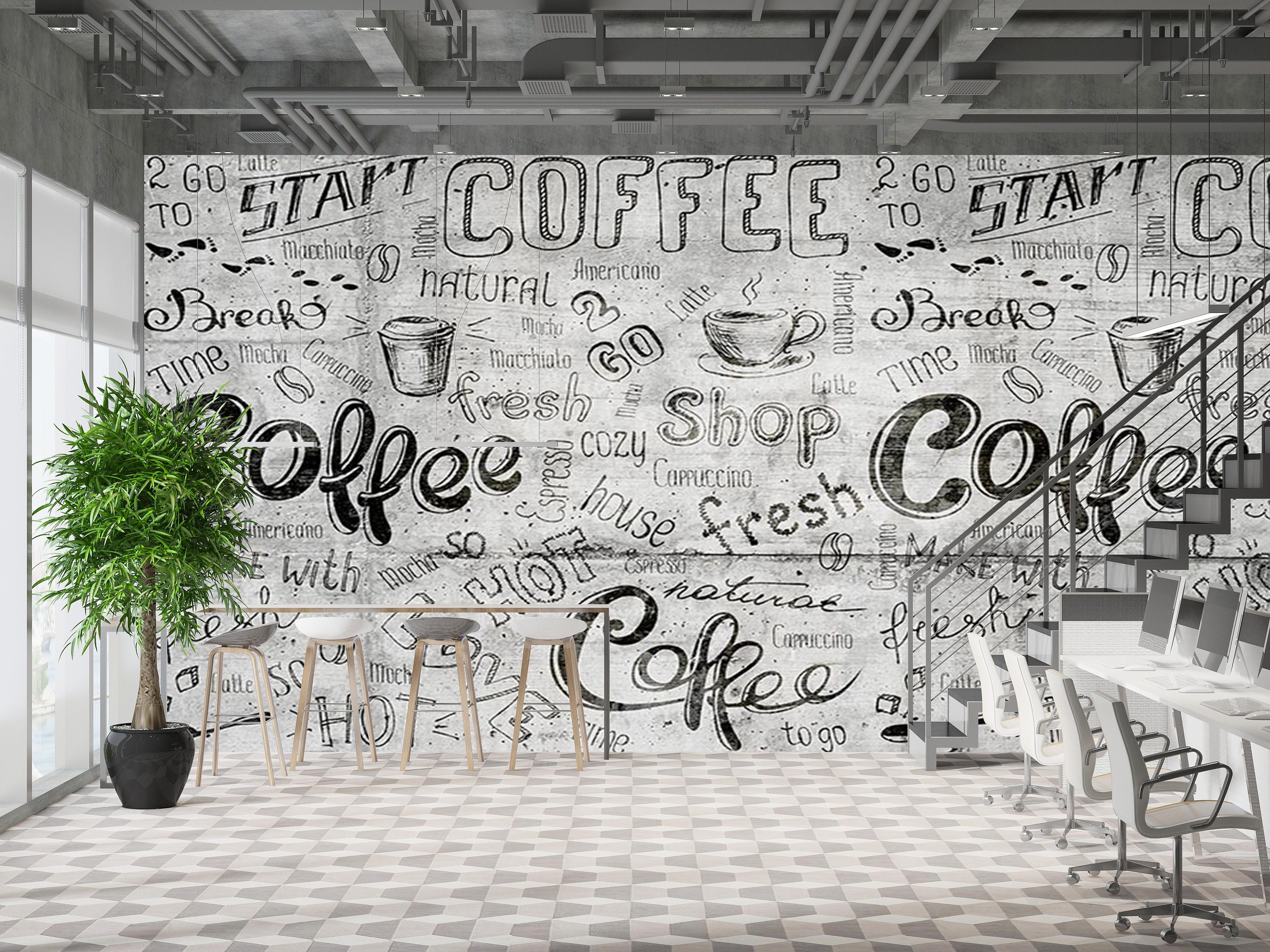 Restaurant Coffee Lettering Special Design Mural Wallpaper on Gray ...
