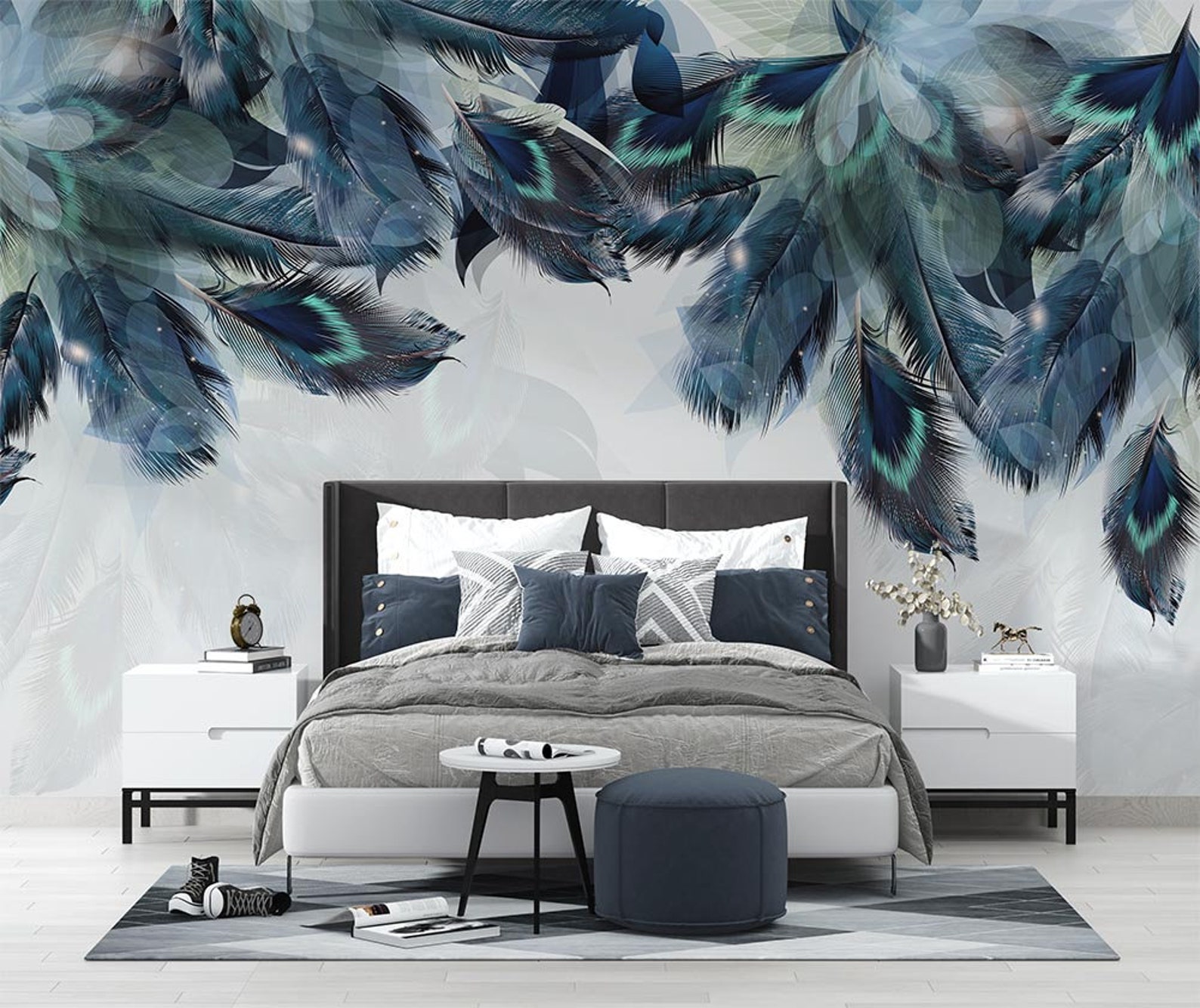 Blue Turquoise Feathers Mural Wallpaper - Etsy