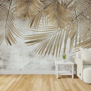 Tropical Wallpaper Mural | Golden Leaves | Special Design | Removable | Customizable | One Piece