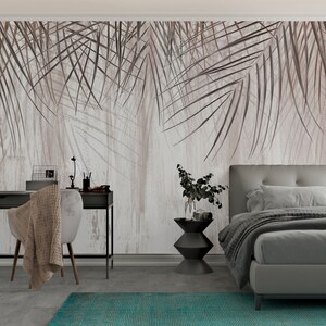Pavimento in legno tropicale / Carta da parati murale / Design speciale con foglie / Rimovibile / Carta tessile in un unico pezzo