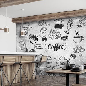 Papel tapiz personalizado con letras y suministros de café, taza de café con patrón de piedra para restaurante de café