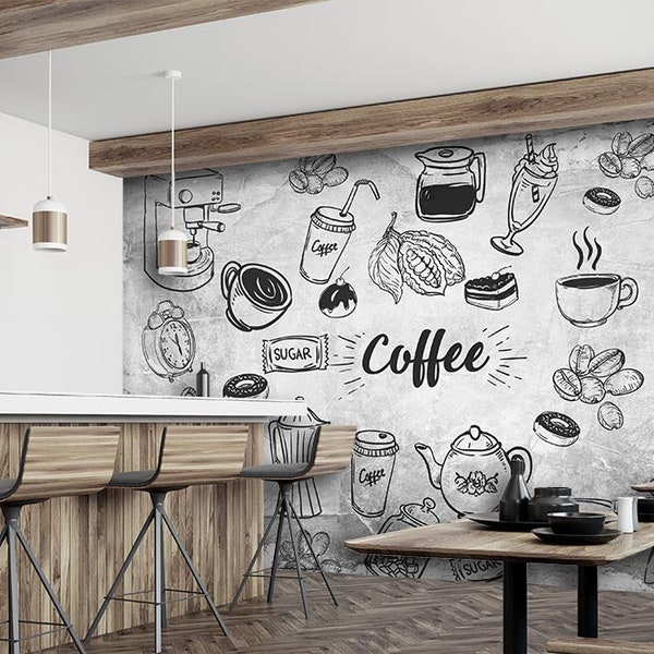 Coffee Restaurant Stone Pattern Coffee Cup Coffee Supplies and Letters Custom Wallpaper