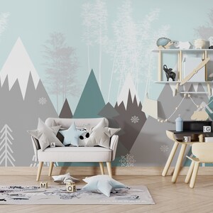 Carta da parati per cameretta in stile nordico con montagne e colori pastello, carta da parati moderna rimovibile e personalizzabile per bambini. Decorazione murale per la stanza dei bambini di Boys Grils