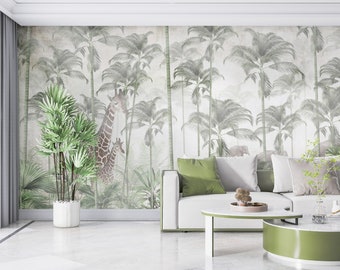 Tropical | Wallpaper Mural | Palm Trees and Giraffes Elephants | Customizable | Removable | One Piece