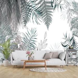 Carta da parati murale con foglie tropicali / Cool / Design speciale / Sfondo morbido / Personalizzabile / Rimovibile / Carta tessile in un unico pezzo