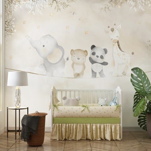 Papier peint Mural de couleur douce, Panda, éléphant, cheval, fond Beige, Design spécial pour chambre d'enfants