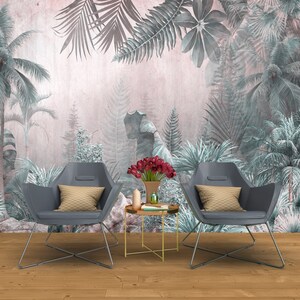 Carta da parati murale verde tropicale / Foglie Pietre Alberi / Design speciale / Personalizzabile / Rimovibile / Carta tessile in un unico pezzo