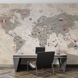 Weltkarte Landflaggen in creme beige Tönen Wandtapete