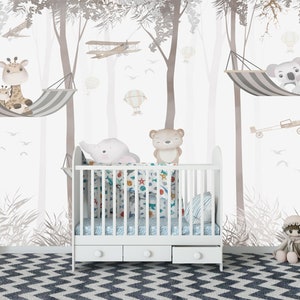 Kids Wallpaper Removable | Kids Safari Jungle Animals on hammock Wall Mural | Safari Wallpaper