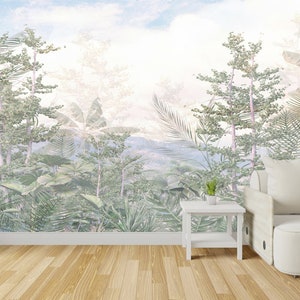 Carta da parati verde tropicale / Carta da parati murale / Foglie Alberi Rami Fiori / Design speciale / Personalizzabile / Rimovibile / Un pezzo