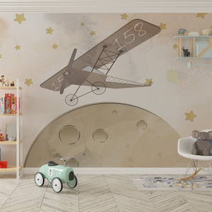 Soft Color Cool Flying Plane Moon kids Mural Wallpaper