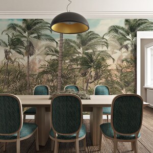 Carta da parati murale tropicale / Foglie verdi Alberi Nuvole / Design speciale / Personalizzabile / Rimovibile / Carta tessile in un unico pezzo