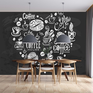 Papel de parede mural com letras de café em coração com design especial no piso preto