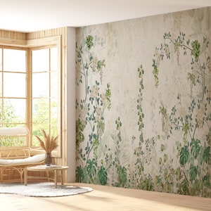 Papier peint doux fleurs sauvages | Petits motifs floraux avec de l'herbe Papier peint | Papier peint floral champ botanique