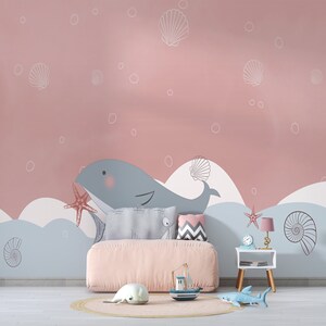 Carta da parati per la camera dei bambini, design speciale, delfino carino, vongole, meduse e onde