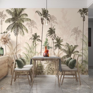 Carta da parati murale verde tropicale / Alberi con foglie fresche / Design speciale / Sfondo morbido / Personalizzabile / Rimovibile / Carta tessile in un unico pezzo