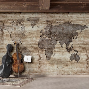 Mappa del mondo in rilievo su sfondo in legno Carta da parati per ufficio e soggiorno Carta tessile monopezzabile rimovibile Murale da parete moderna