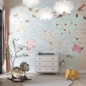 Kinder Weltkarte mit Tieren, Custom Design Wallpaper, Kinder Weltkarte Wallpaper, Luftballons und Flugzeuge für Wallpaper, Kids Wallpaper