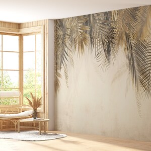 Carta da parati murale tropicale I Foglie dorate su fondo in cemento I Design speciale I Personalizzabile I Rimovibile I Facile da incollare