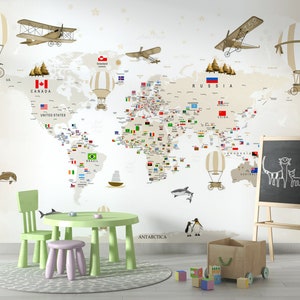 Papier peint mural éducatif pour chambre d'enfants, carte du monde avec drapeaux des pays, ballons et avions sur fond beige