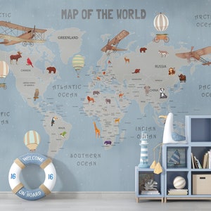 Carta da parati murale educativa con mappa del mondo educativa per cameretta dei bambini
