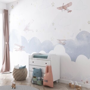 Papel tapiz Mural para habitación de niños, Color suave, avión volador, estrellas, mariposa, nubes azules