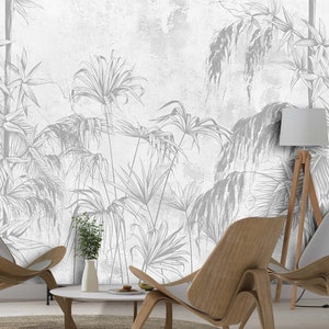 Sol en béton Noir et Blanc Tropical Feuillage Mural Papier Peint