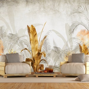 Carta da parati murale tropicale / Design speciale con foglie / Fiori color oro / Personalizzabile / Rimovibile / Carta tessile in un unico pezzo