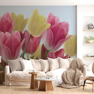 Adesivo da parete per carta da parati con tulipani colorati di grandi dimensioni, in un unico pezzo di carta tessile elegante