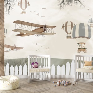 Kids Wallpaper | Branches Beige Background Kids Animals with Hot Air Balloon Wall Mural