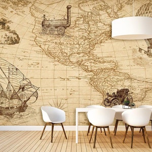 Mapa del mundo vintage nostálgico para oficina y sala de estar Mural de pared moderna textil de una sola pieza extraíble