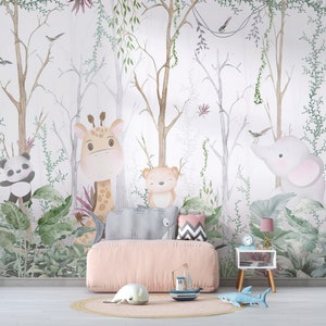 Kids Wallpaper | Kids Safari Jungle Animals and Trees Wall Mural | Safari Wallpaper