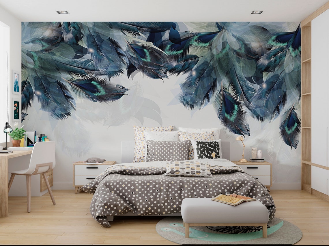 Blue Turquoise Feathers Mural Wallpaper - Etsy