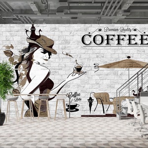 Silhueta de mulher de restaurante de café em fundo estampado de pedra papel de parede mural de café personalizado